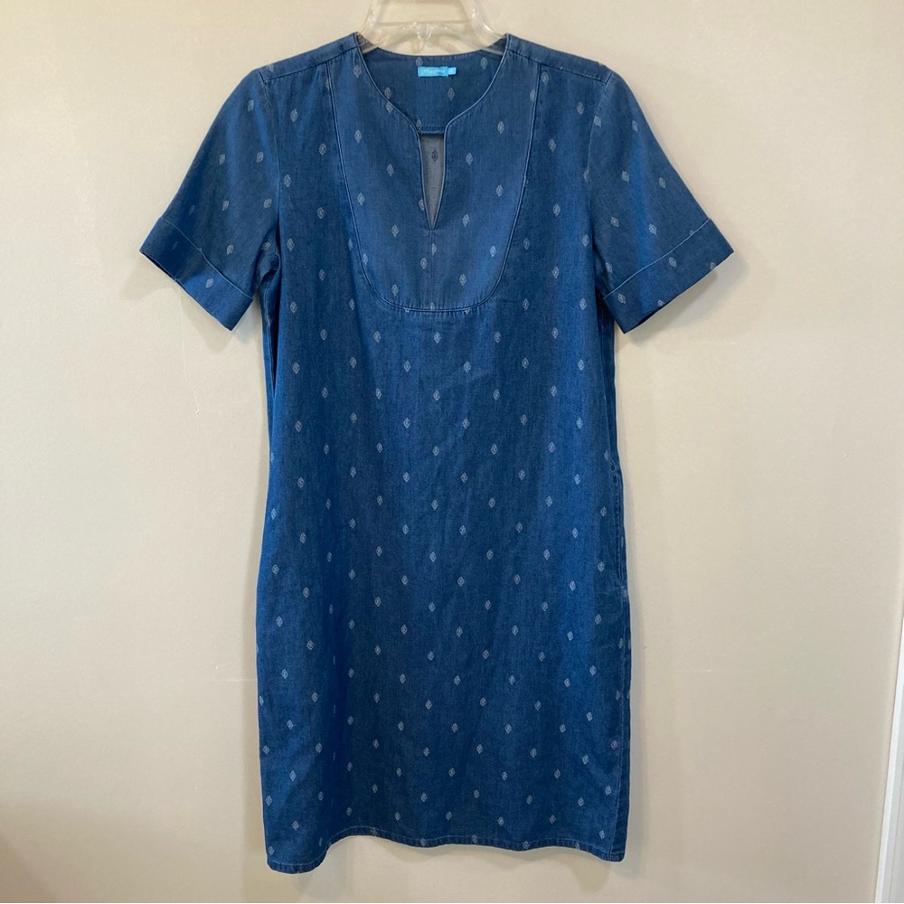 J McLaughlin Leandre Shift Dress Sz XS Chambray Cotton V-Neck Lightweight Pocket